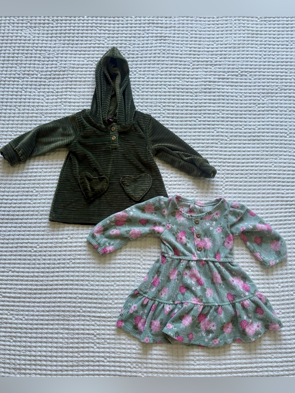 dELiA*s  Baby Bundle Olive Velour Heart Hoodie + Mint Floral Tiered Dress 12M